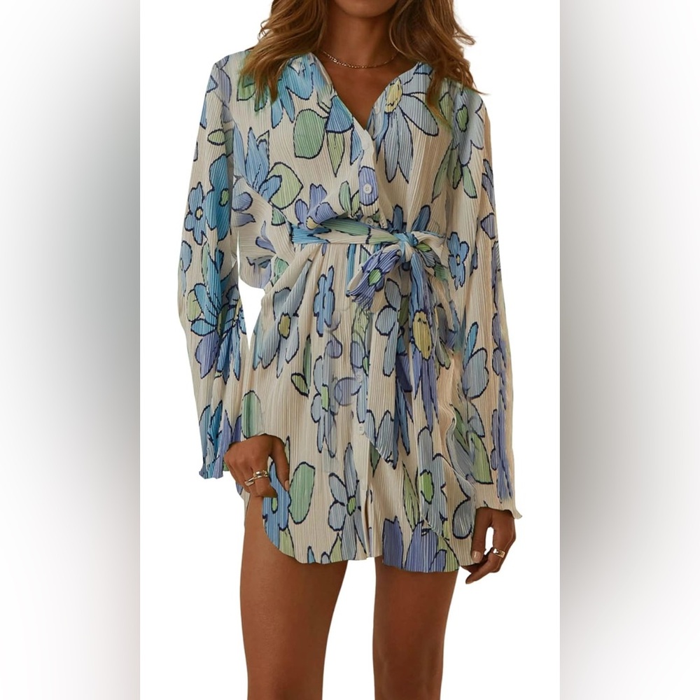 Button Down Pleated Mini Dress w Belt